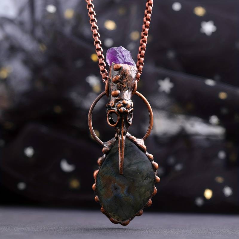 Olivenorma Copper Hummingbird Head Amethyst Labradorite Gemstone Necklace - Amethyst&Labradorite - image 0
