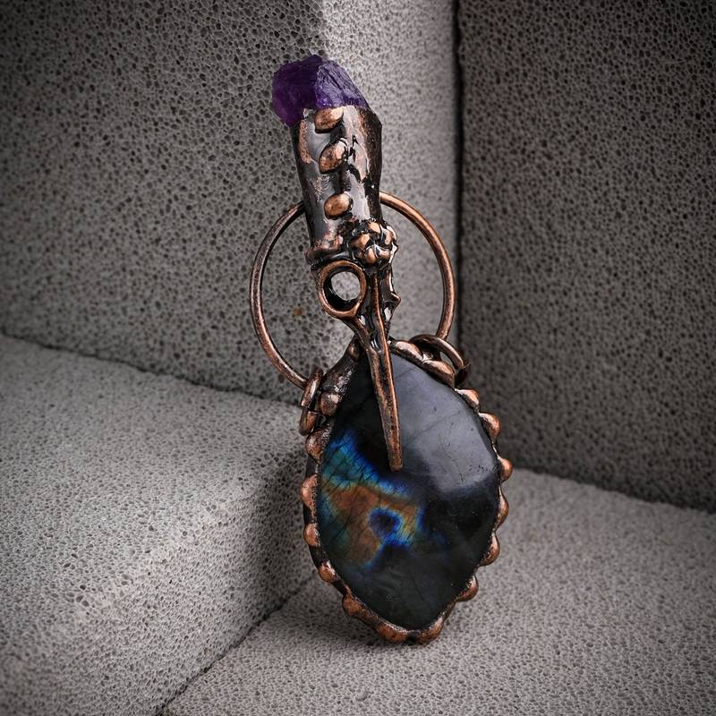 Olivenorma Copper Hummingbird Head Amethyst Labradorite Gemstone Necklace - image 8