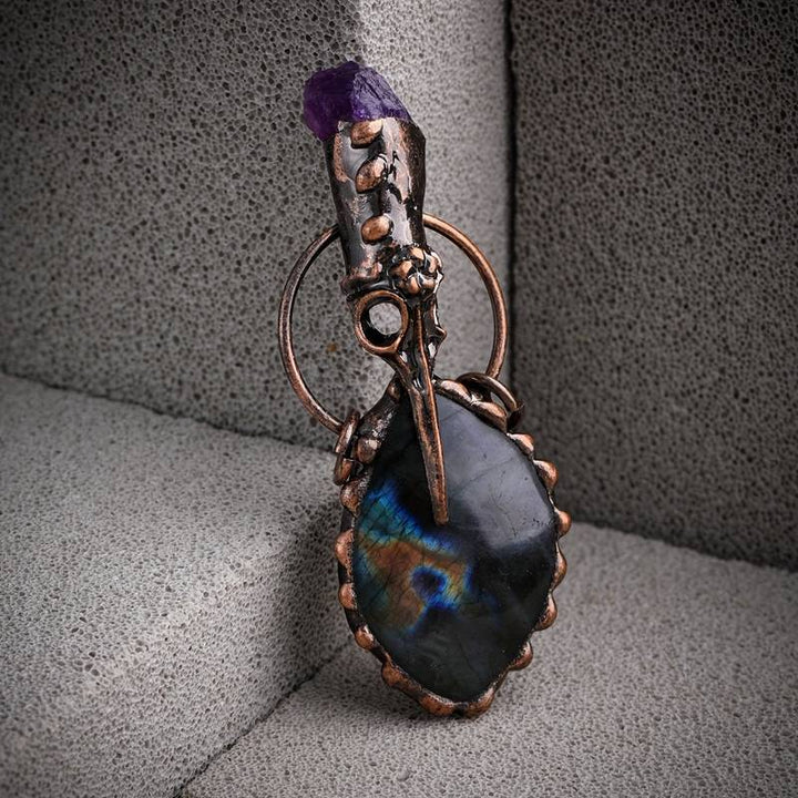 Olivenorma Copper Hummingbird Head Amethyst Labradorite Gemstone Necklace - image 8