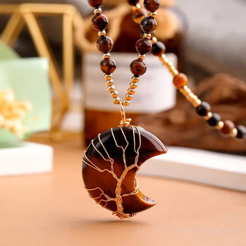 Olivenorma Moon Shape Crystal Tree Of Life Beads Gemstone Necklace - Tiger Eye - image 3