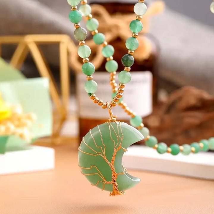 Olivenorma Moon Shape Crystal Tree Of Life Beads Gemstone Necklace - Green Aventurine - image 5
