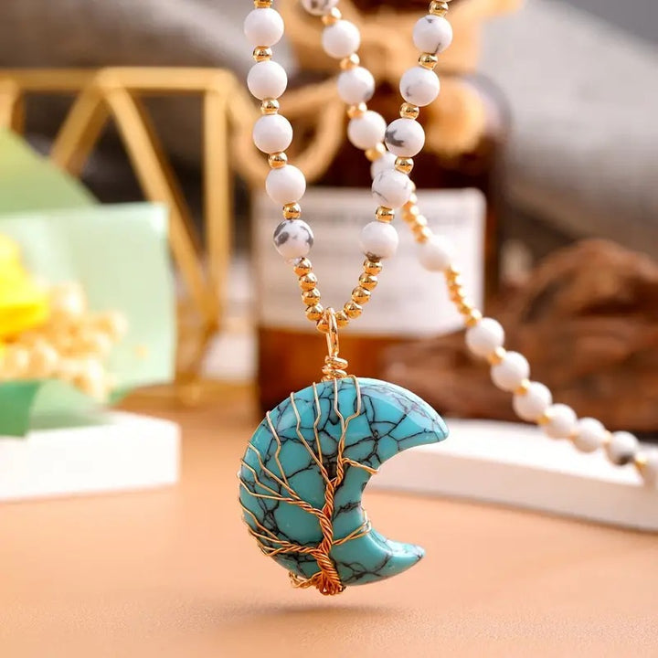Olivenorma Moon Shape Crystal Tree Of Life Beads Gemstone Necklace - Turquoise&White Turquoise - image 7