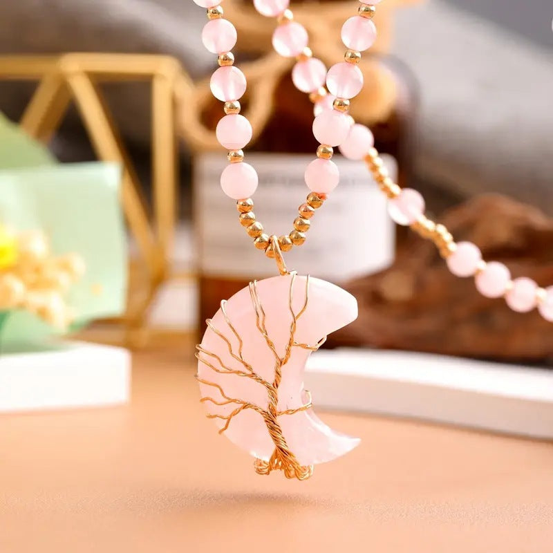 Olivenorma Moon Shape Crystal Tree Of Life Beads Gemstone Necklace - Rose Quartz - image 1