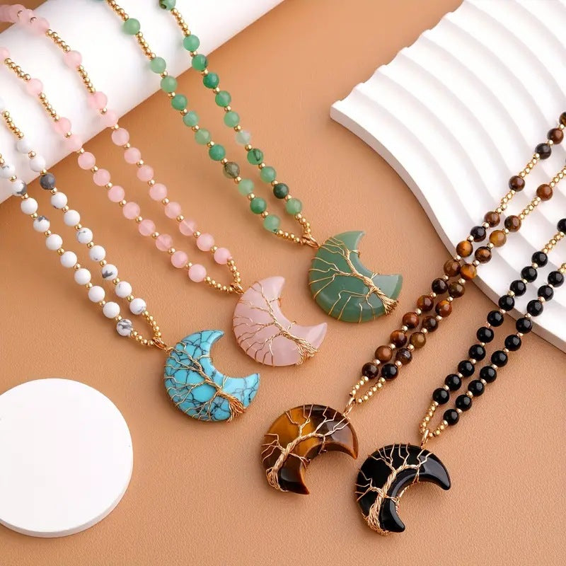 Olivenorma Moon Shape Crystal Tree Of Life Beads Gemstone Necklace - Amethyst - image 0