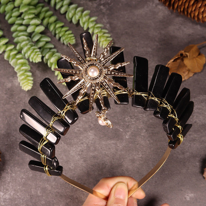 Olivenorma Sun Goddes Tiara Wedding Crystal Crown - Obsidian&Gold - image 6