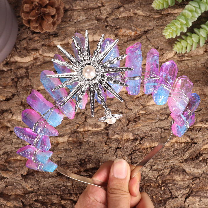 Olivenorma Sun Goddes Tiara Wedding Crystal Crown - Pink Blue Titanium Quartz - image 29