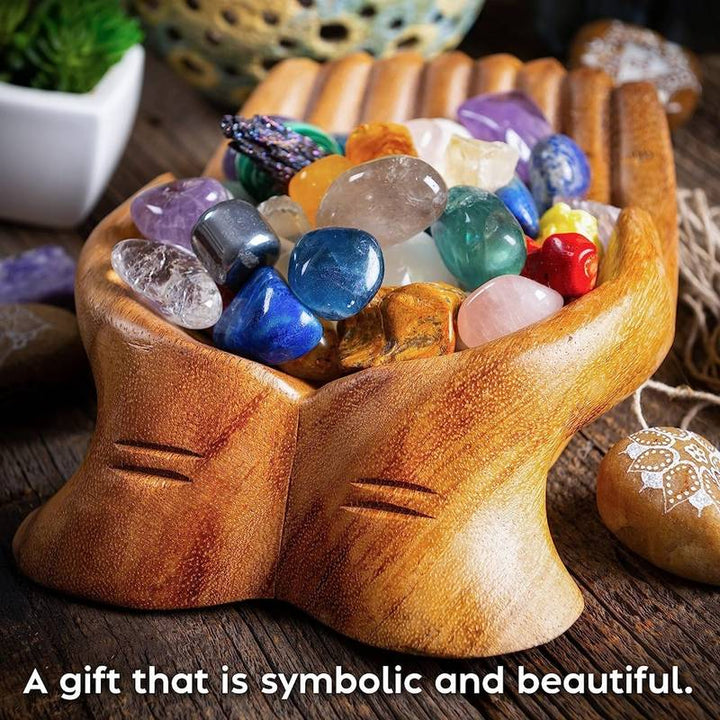 Olivenorma Wooden Carved Hands Offering Bowl Crystal Holder - image 3
