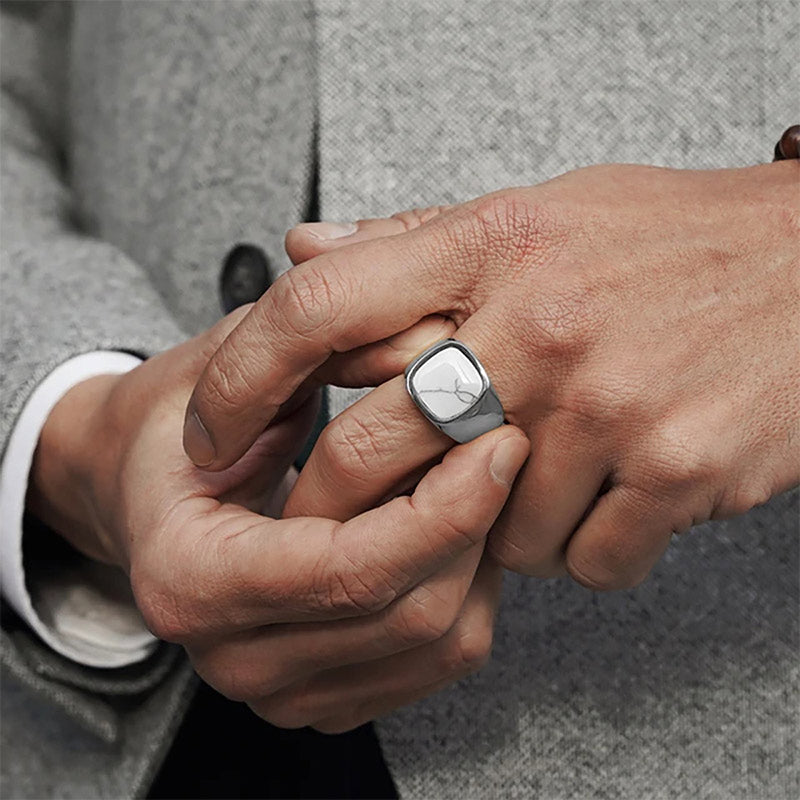 Olivenorma Vintage Natural Stone Titanium Steel Ring - Silver - Howlite - 12 - image 11