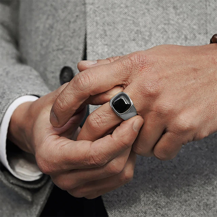 Olivenorma Vintage Natural Stone Titanium Steel Ring - Silver - Obsidian - 12 - image 10