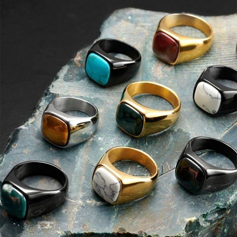 Olivenorma Vintage Natural Stone Titanium Steel Ring - image 0