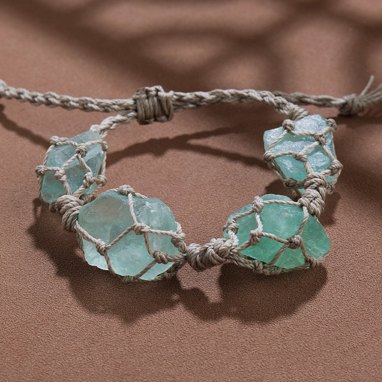 Olivenorma Natural Raw Paraffin Rope Hand-Woven Mesh Bag Bracelet - Green Fluorite - image 11