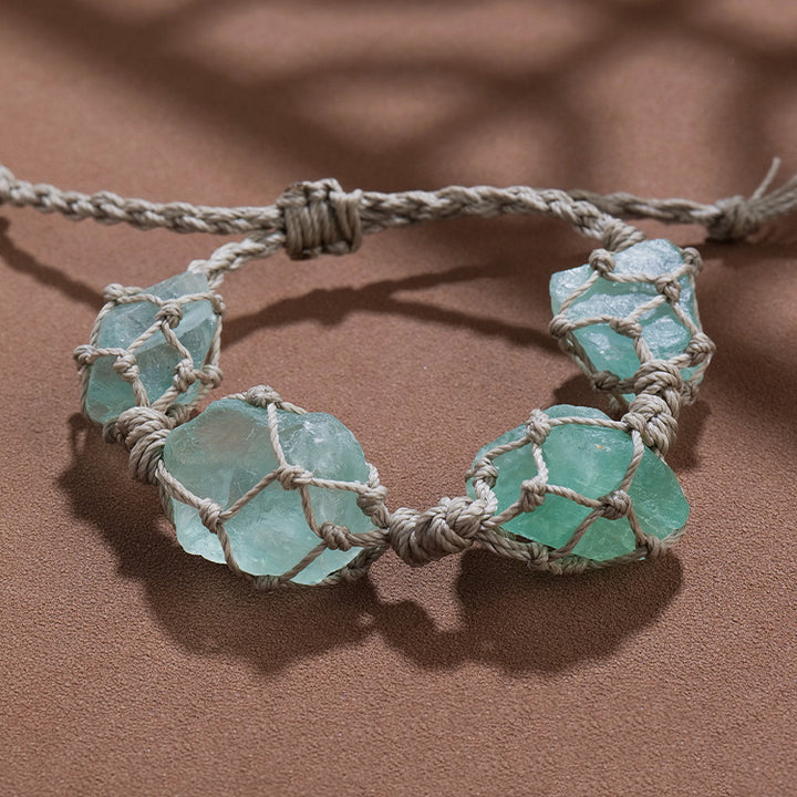 Olivenorma Natural Raw Paraffin Rope Hand-Woven Mesh Bag Bracelet - Green Fluorite - image 11
