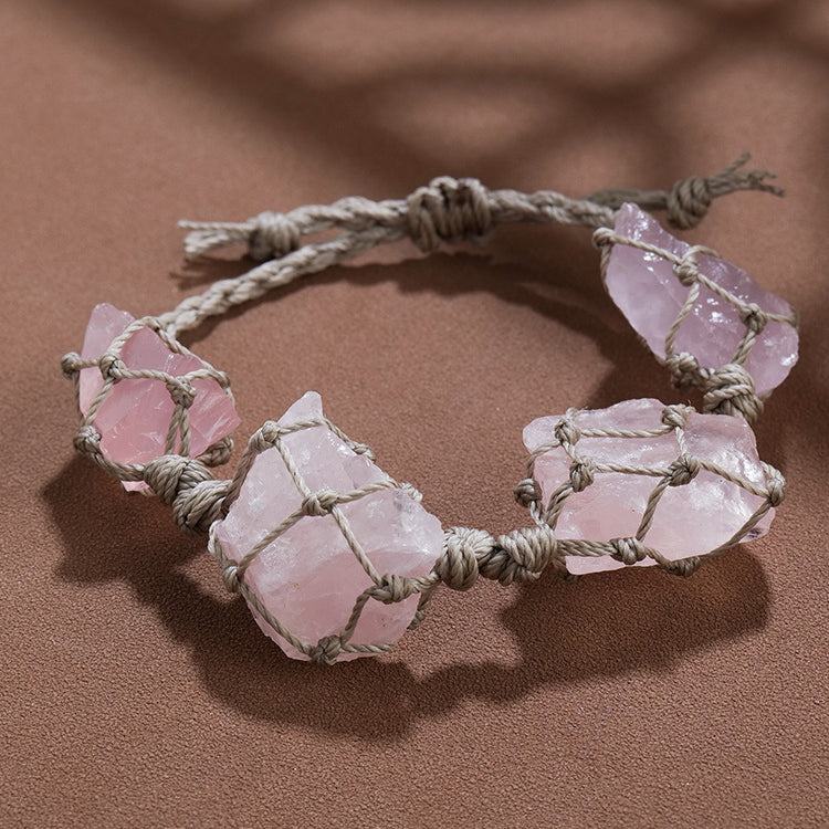 Olivenorma Natural Raw Paraffin Rope Hand-Woven Mesh Bag Bracelet - Rose Quartz - image 4