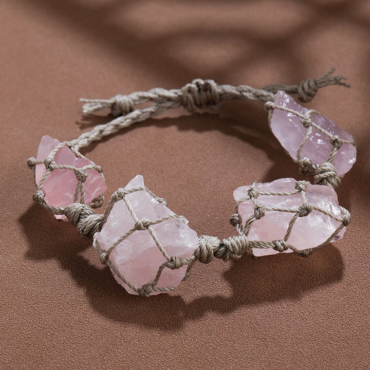 Olivenorma Natural Raw Paraffin Rope Hand-Woven Mesh Bag Bracelet - Rose Quartz - image 4