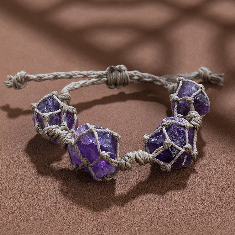 Olivenorma Natural Raw Paraffin Rope Hand-Woven Mesh Bag Bracelet - Amethyst - image 1