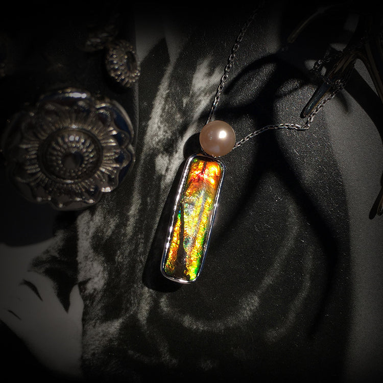 Olivenorma Natural Ammolite Freshwater Pearl 925 Silver Necklace - image 0