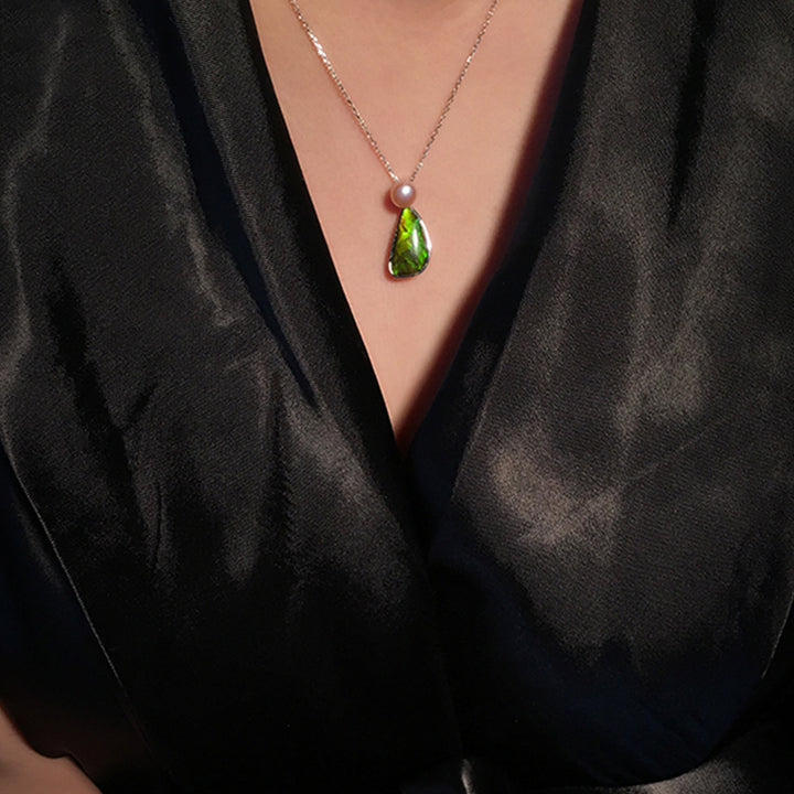 Olivenorma Natural Ammolite Freshwater Pearl 925 Silver Necklace - image 3