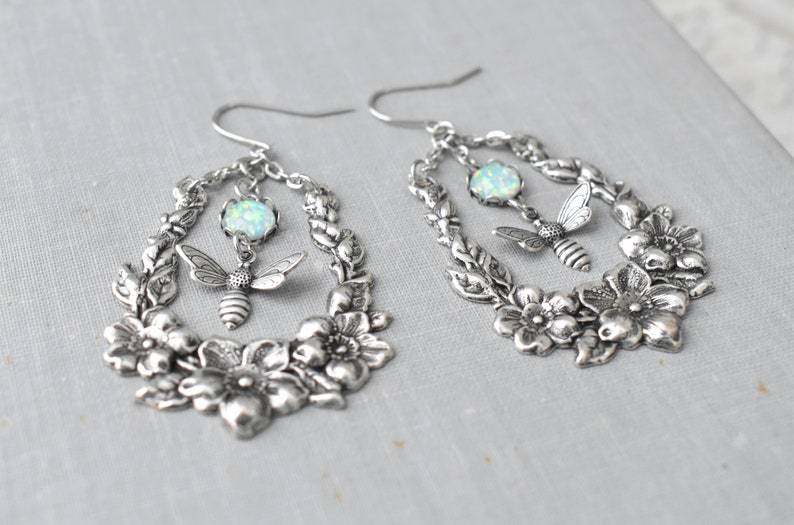 Olivenorma Opal Engraved Bee Flower Earrings - image 1