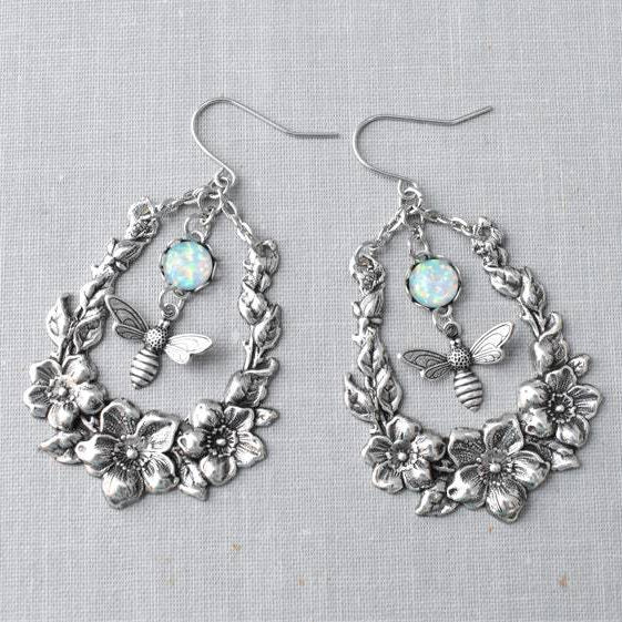 Olivenorma Opal Engraved Bee Flower Earrings - image 4