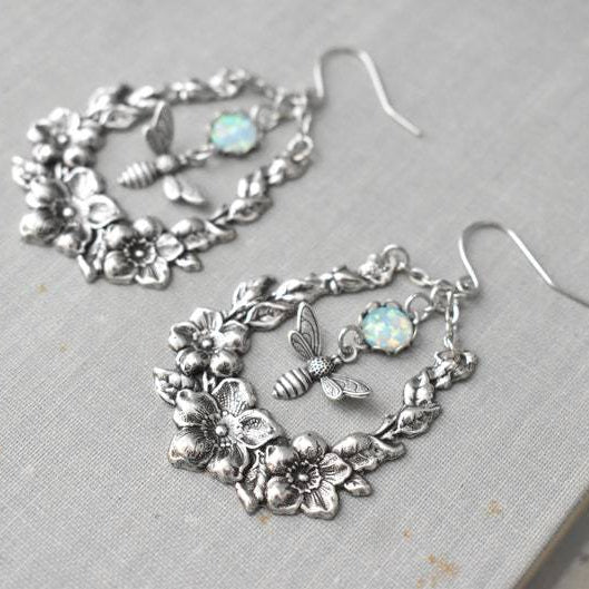 Olivenorma Opal Engraved Bee Flower Earrings - image 2