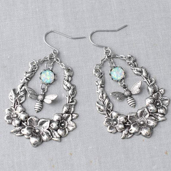 Olivenorma Opal Engraved Bee Flower Earrings - image 3