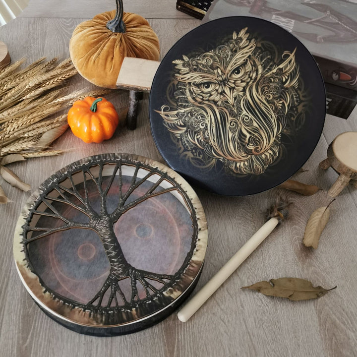 Olivenorma Handcrafted Shamanic Siberian Owl Print Drum - Owl - image 0