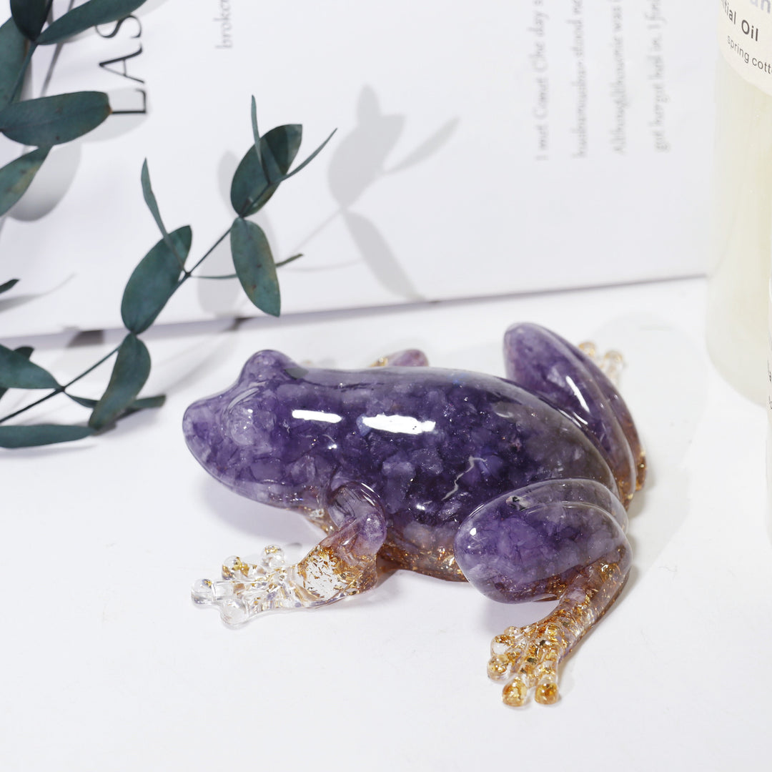 Olivenorma Crystal Resin Frog Ornament For Energy Cleansing And Harmony Gemstone Decoration - Amethyst&Gold Foil - image 7