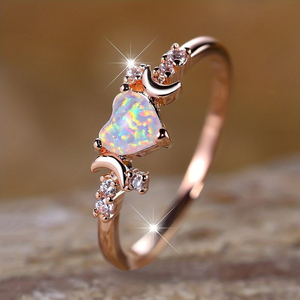 Olivenorma "Light Of Our Love" Heart Opal Moon Phases Ring - White Opal#Rose Gold - 10 - image 1