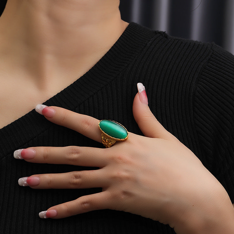 Olivenorma Oval White Green Cat's Eye Stone Ring - image 4