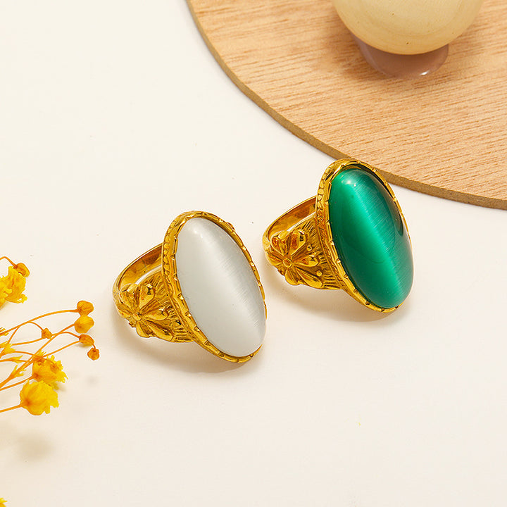 Olivenorma Oval White Green Cat's Eye Stone Ring - image 0