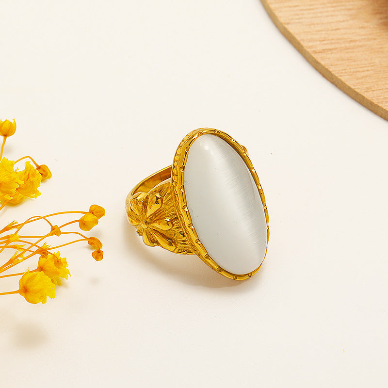 Olivenorma Oval White Green Cat's Eye Stone Ring - White Cat's Eye Stone - 9 - image 1
