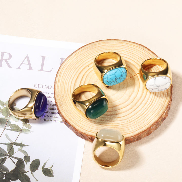 Olivenorma Oval Cat's Eye Stone Turquoise Titanium Steel Ring - image 0
