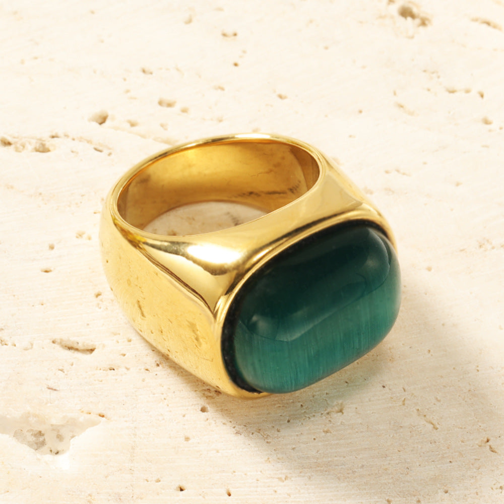 Olivenorma Oval Cat's Eye Stone Turquoise Titanium Steel Ring - Green Cat's Eye Stone - 10 - image 3