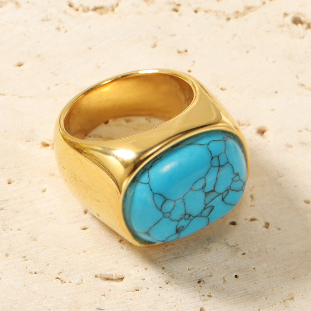 Olivenorma Oval Cat's Eye Stone Turquoise Titanium Steel Ring - Turquoise - 10 - image 8