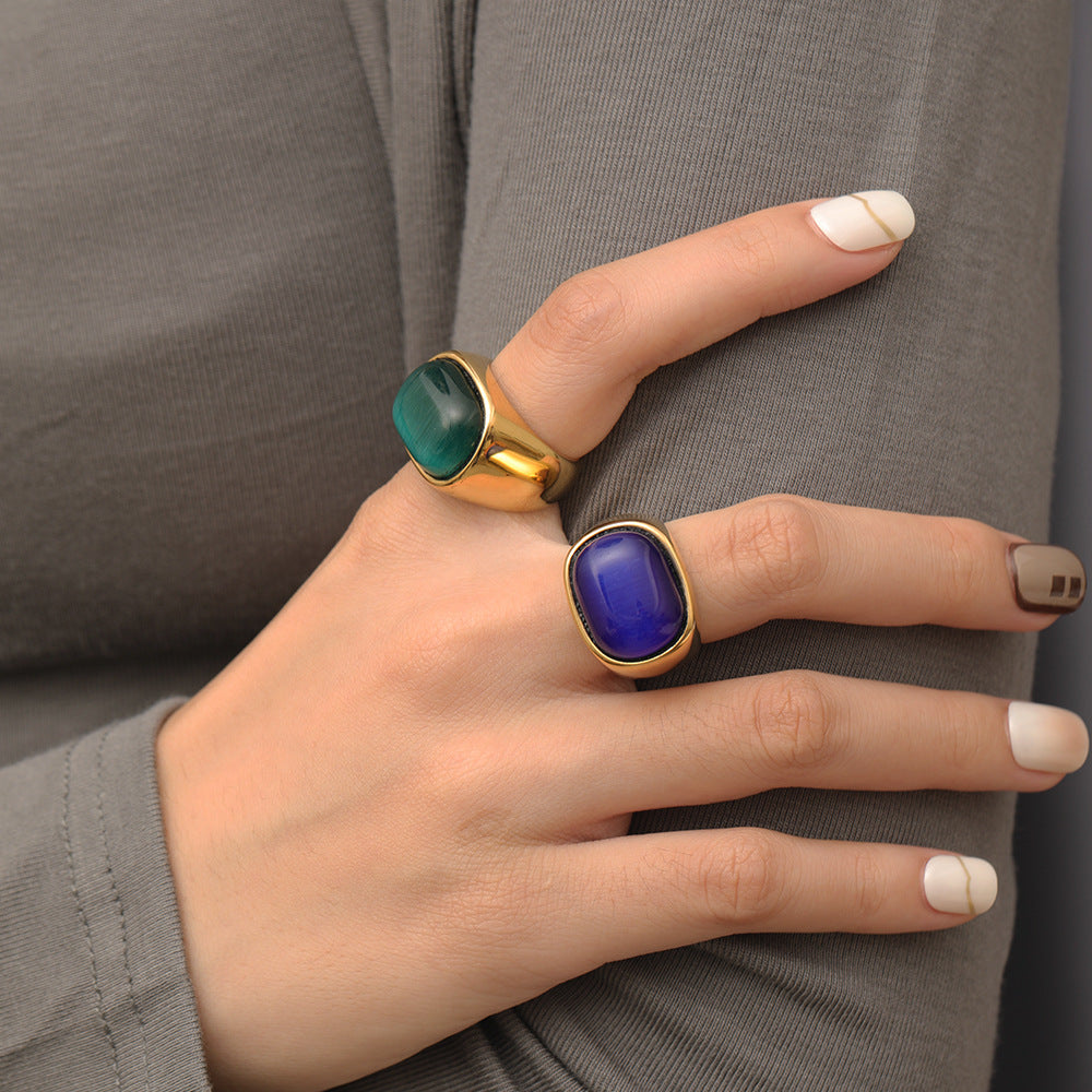 Olivenorma Oval Cat's Eye Stone Turquoise Titanium Steel Ring - image 10