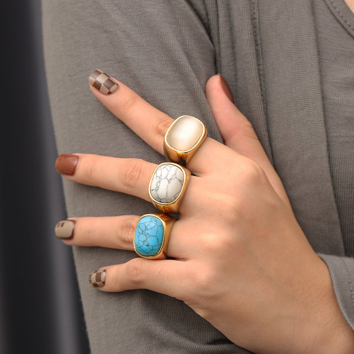 Olivenorma Oval Cat's Eye Stone Turquoise Titanium Steel Ring - image 1