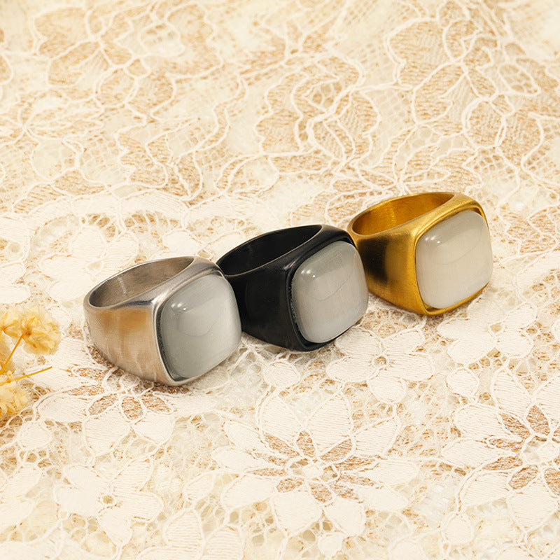 Olivenorma Square White Cat's Eye Stone Titanium Steel Ring - image 0