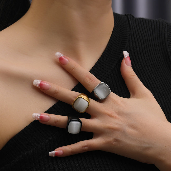 Olivenorma Square White Cat's Eye Stone Titanium Steel Ring - image 7
