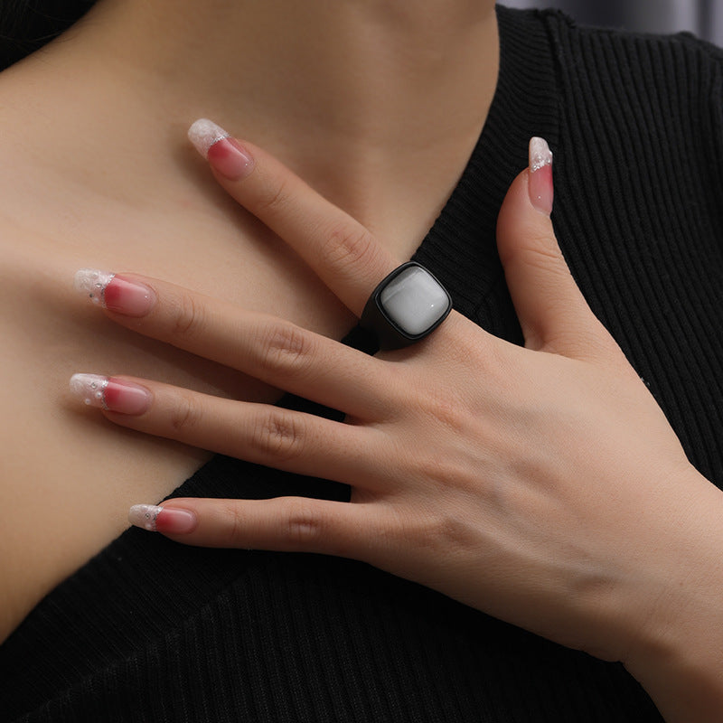 Olivenorma Square White Cat's Eye Stone Titanium Steel Ring - image 4