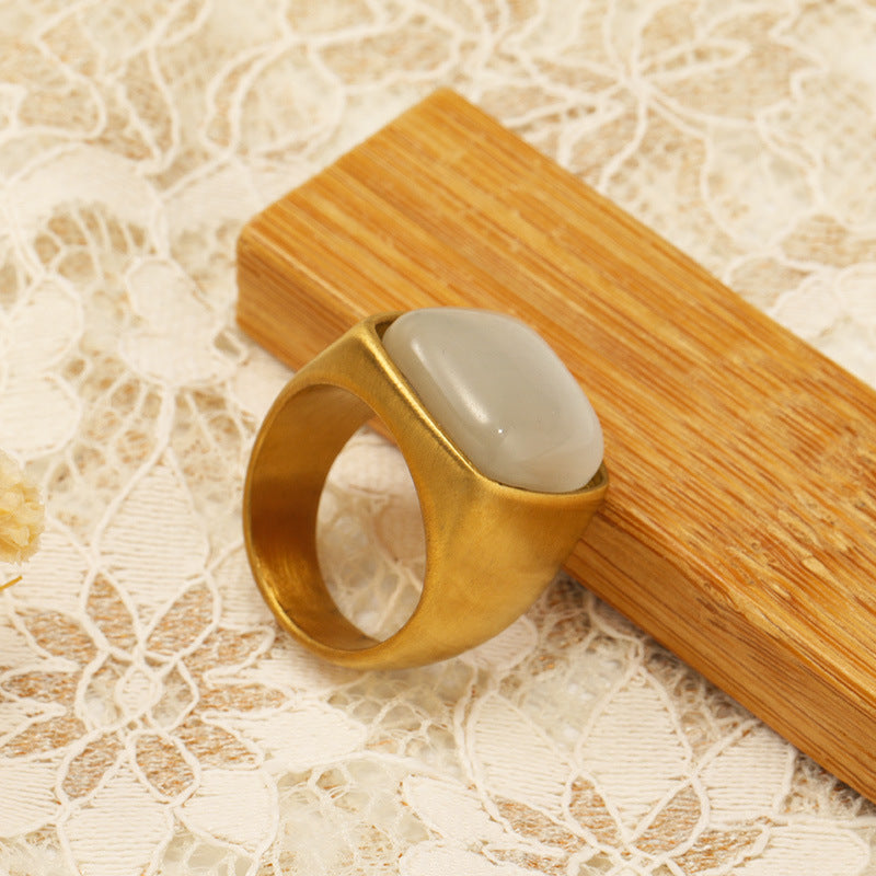 Olivenorma Square White Cat's Eye Stone Titanium Steel Ring - Golden - 10 - image 1