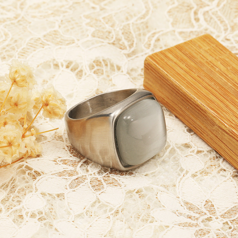 Olivenorma Square White Cat's Eye Stone Titanium Steel Ring - Silver - 10 - image 5