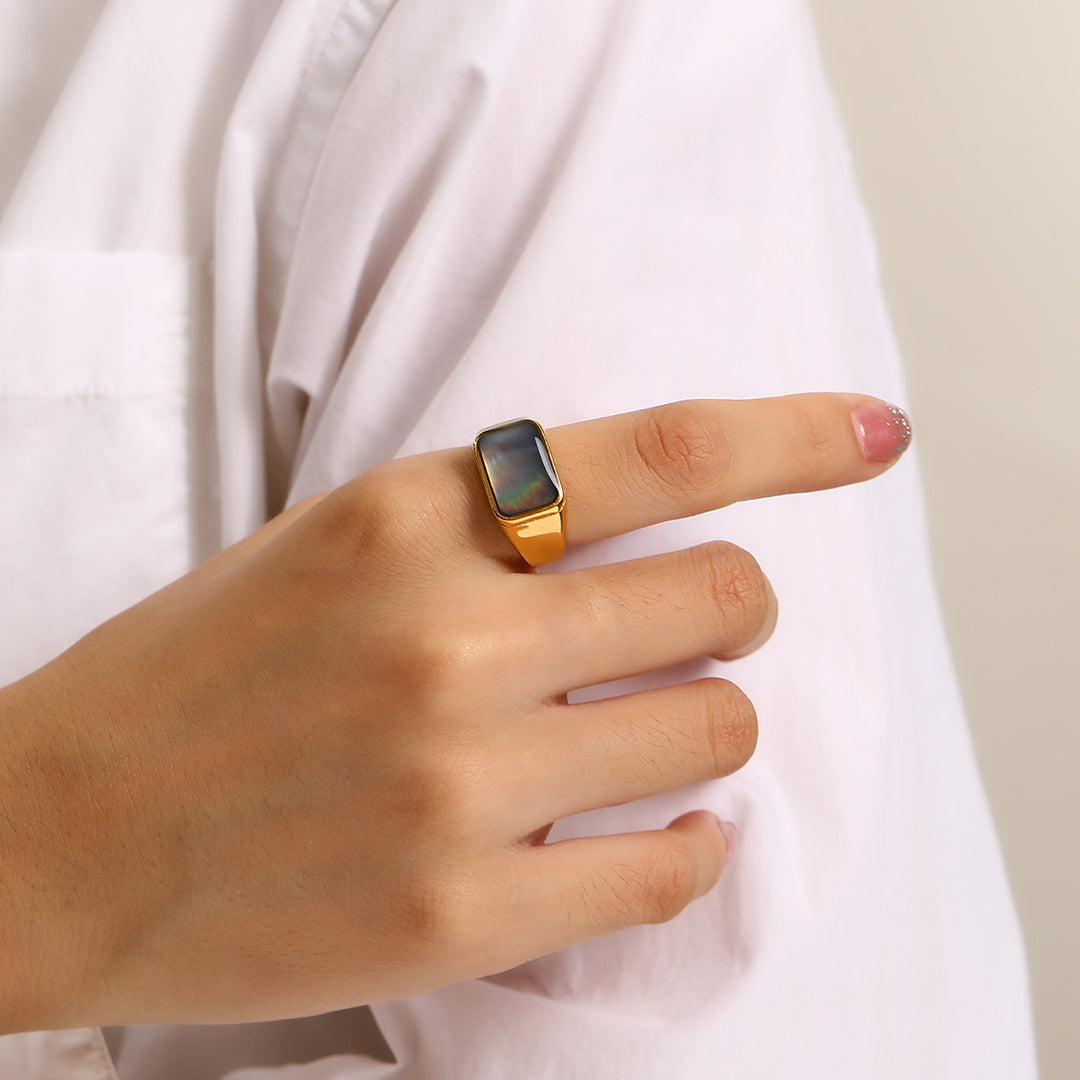 Olivenorma Rectangular Nacre Abalone Shell Titanium Steel Ring - image 5