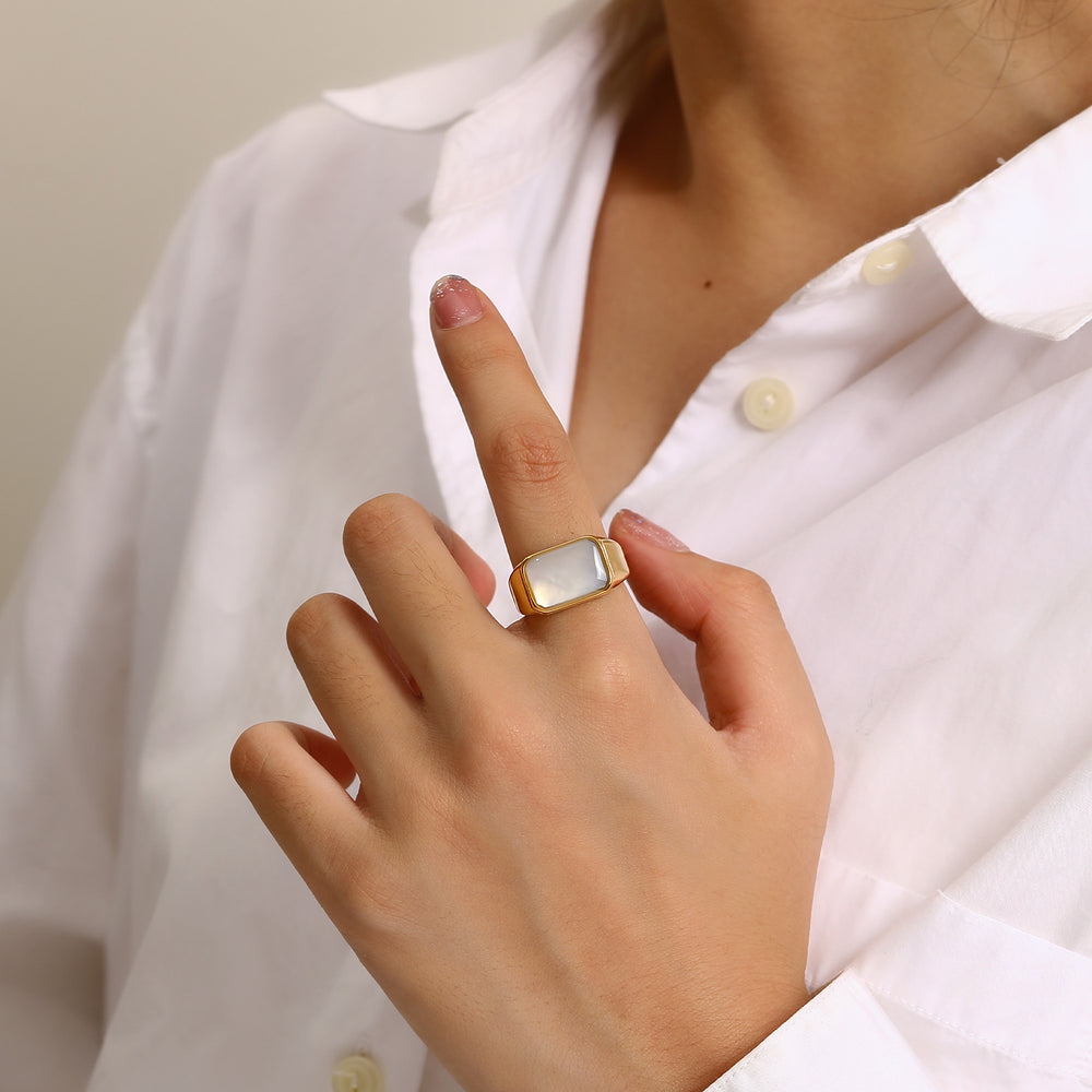 Olivenorma Rectangular Nacre Abalone Shell Titanium Steel Ring - Nacre&Golden - US 10 - image 1