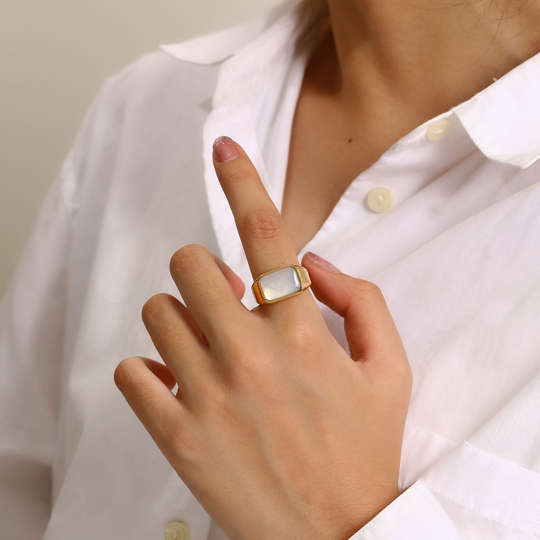 Olivenorma Rectangular Nacre Abalone Shell Titanium Steel Ring - Nacre&Golden - US 10 - image 1