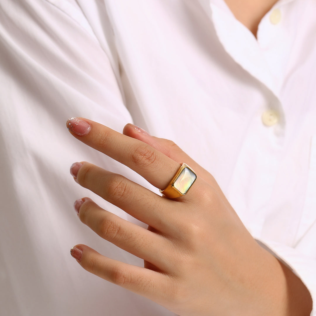Olivenorma Rectangular Nacre Abalone Shell Titanium Steel Ring - image 2