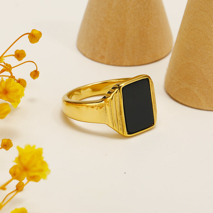 Olivenorma Retro Striped Square Obsidian Titanium Steel Ring - image 4