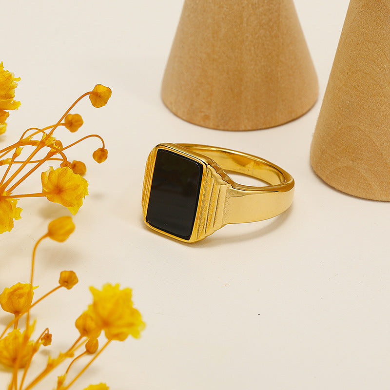 Olivenorma Retro Striped Square Obsidian Titanium Steel Ring - 8 - image 0