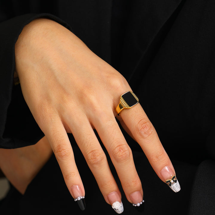 Olivenorma Retro Striped Square Obsidian Titanium Steel Ring - image 2