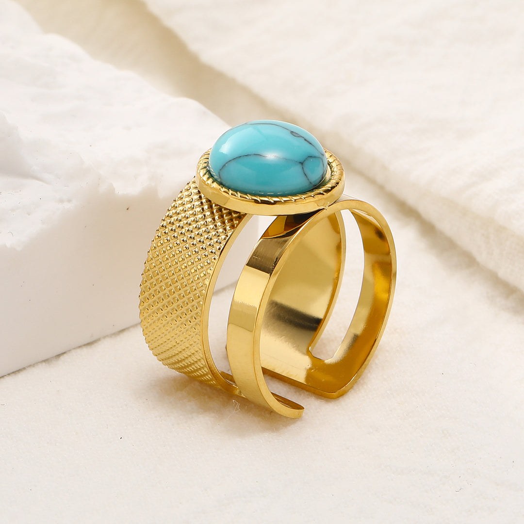 Olivenorma Natural Stone Retro Stainless Steel Adjustable Ring - Turquoise - image 5