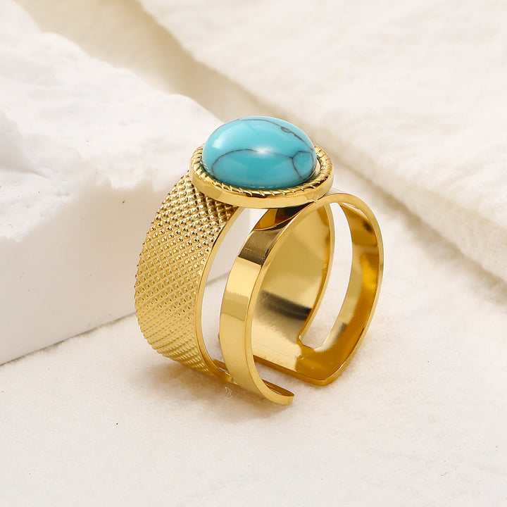 Olivenorma Natural Stone Retro Stainless Steel Adjustable Ring - Turquoise - image 5